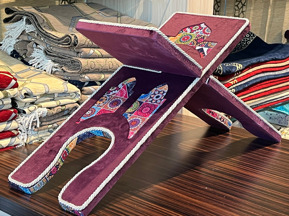 Purple Velvet Cover Holy Quran Reading Desk | Quran Holder Book Stand Rihal Rehal | Wooden Quran Stand Lectern
