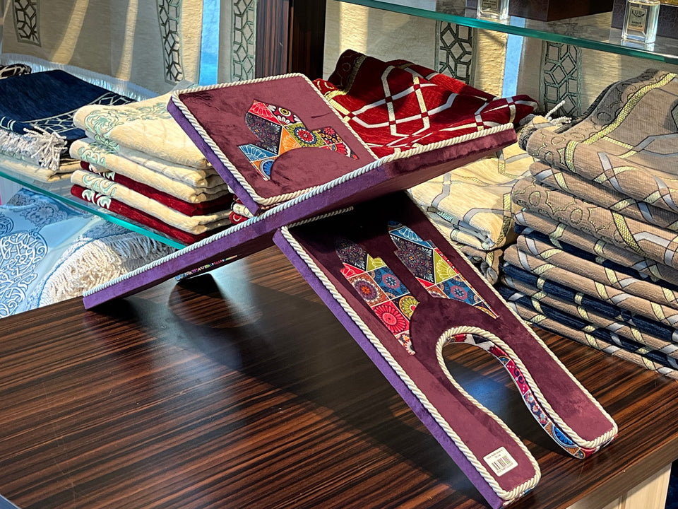 Purple Velvet Cover Holy Quran Reading Desk | Quran Holder Book Stand Rihal Rehal | Wooden Quran Stand Lectern