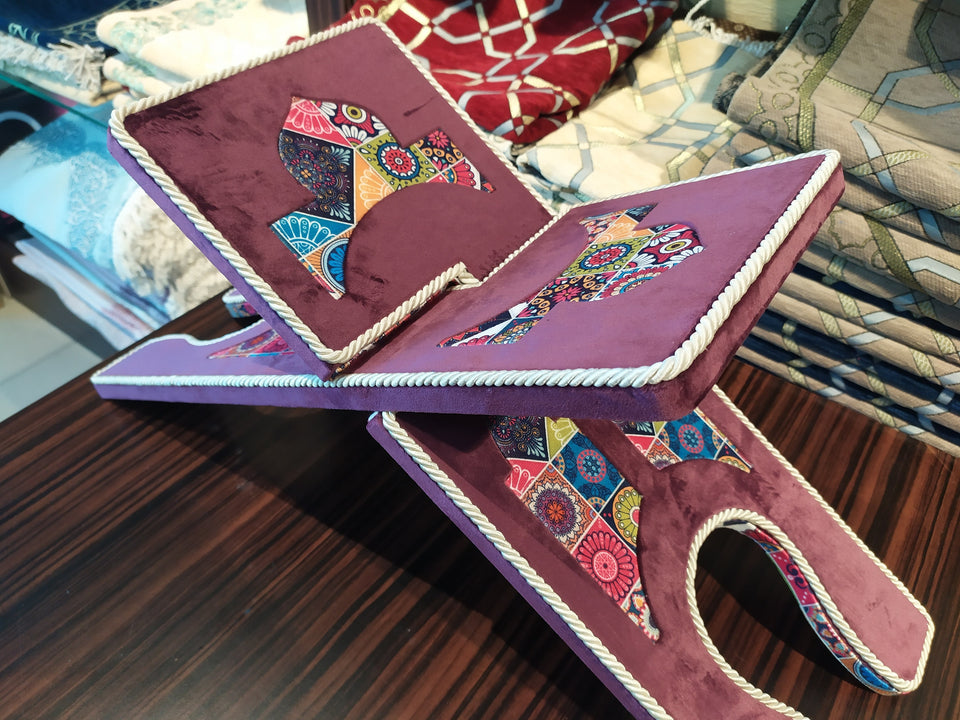 Purple Velvet Cover Holy Quran Reading Desk | Quran Holder Book Stand Rihal Rehal | Wooden Quran Stand Lectern