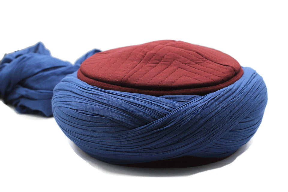Saladin Blue & Bordeaux Imamah, Unique Islamic Art, Imam Pagri Islamic Men's Head Wear, Sunnah Hat, Muslim Gift