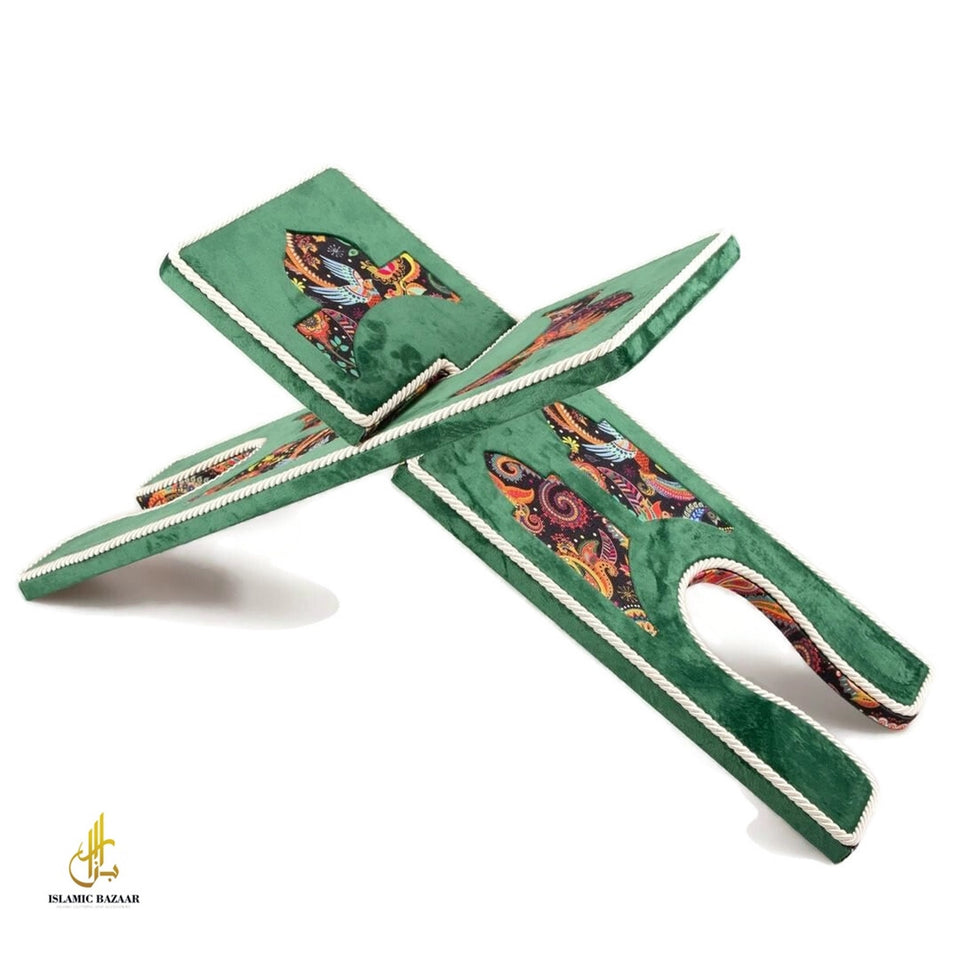 Green Velvet Cover Holy Quran Reading Desk | Quran Holder Book Stand Rihal Rehal | Wooden Quran Stand Lectern
