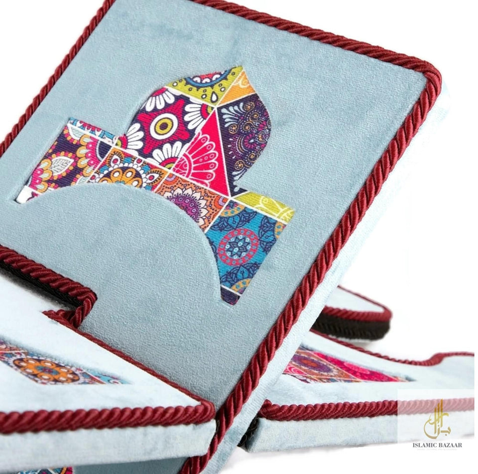 Blue Velvet Cover Holy Quran Reading Desk | Quran Holder Book Stand Rihal Rehal | Wooden Quran Stand Lectern | Islamic Gift