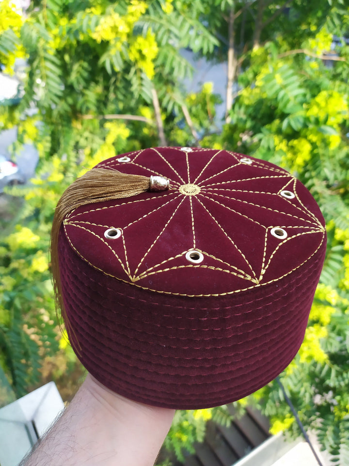 5 Pcs Set of Genuine Red Egyptian Turkish Red Fez Tarboush Hat Gold Tassel, Doctor Who Fez Hat with 8 holes, Moorish Hat