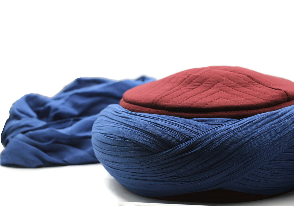 Saladin Blue & Bordeaux Imamah, Unique Islamic Art, Imam Pagri Islamic Men's Head Wear, Sunnah Hat, Muslim Gift