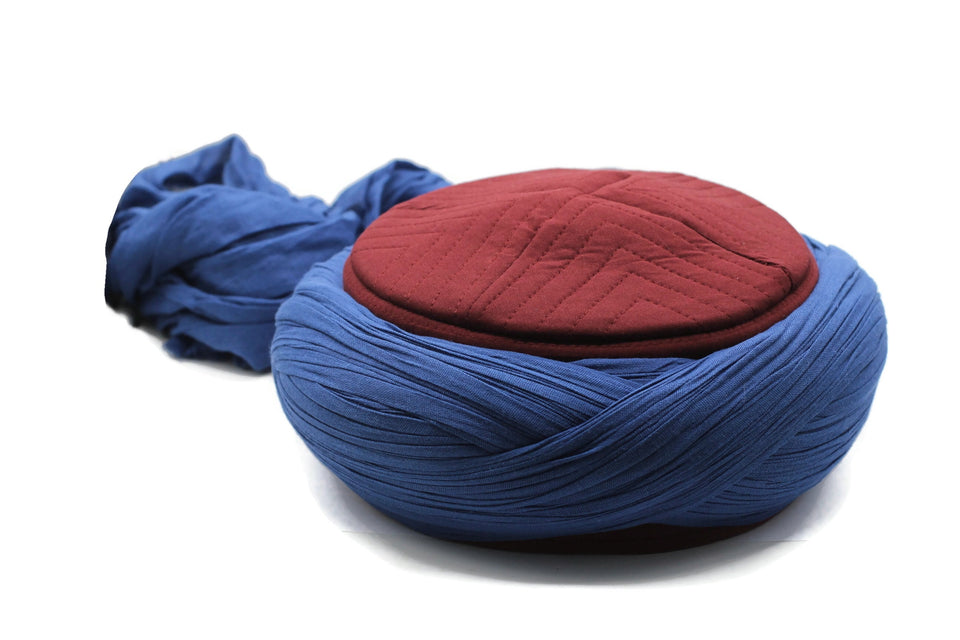 Saladin Blue & Bordeaux Imamah, Unique Islamic Art, Imam Pagri Islamic Men's Head Wear, Sunnah Hat, Muslim Gift