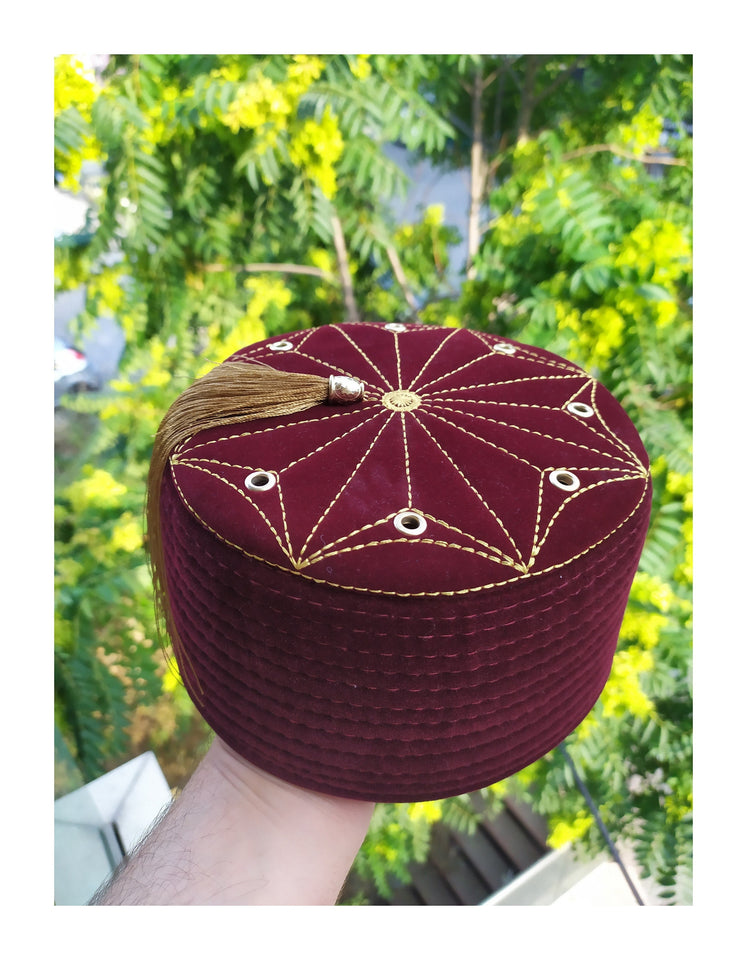 5 Pcs Set of Genuine Red Egyptian Turkish Red Fez Tarboush Hat Gold Tassel, Doctor Who Fez Hat with 8 holes, Moorish Hat
