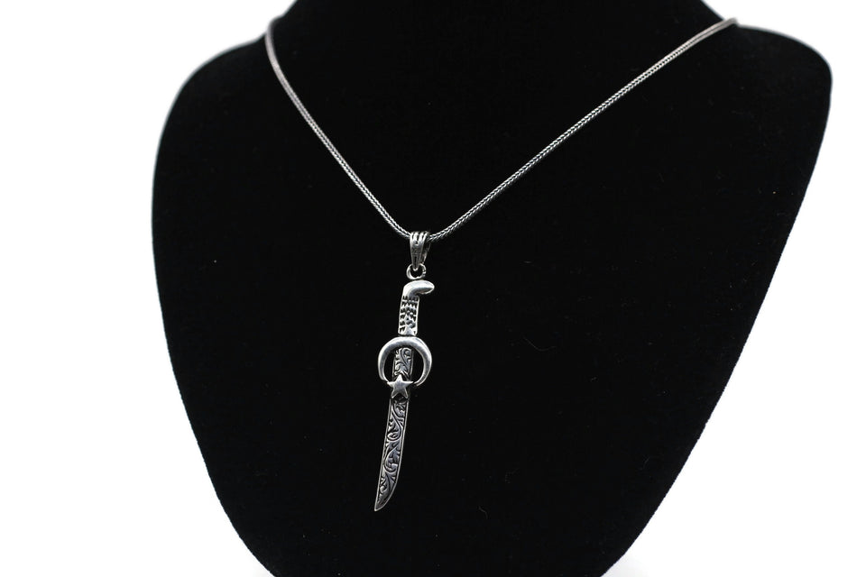 925 Silver Crescent Sword Necklace, Crescent Star Necklace Pendant, Islamic Necklace, Seljuk Sword necklace
