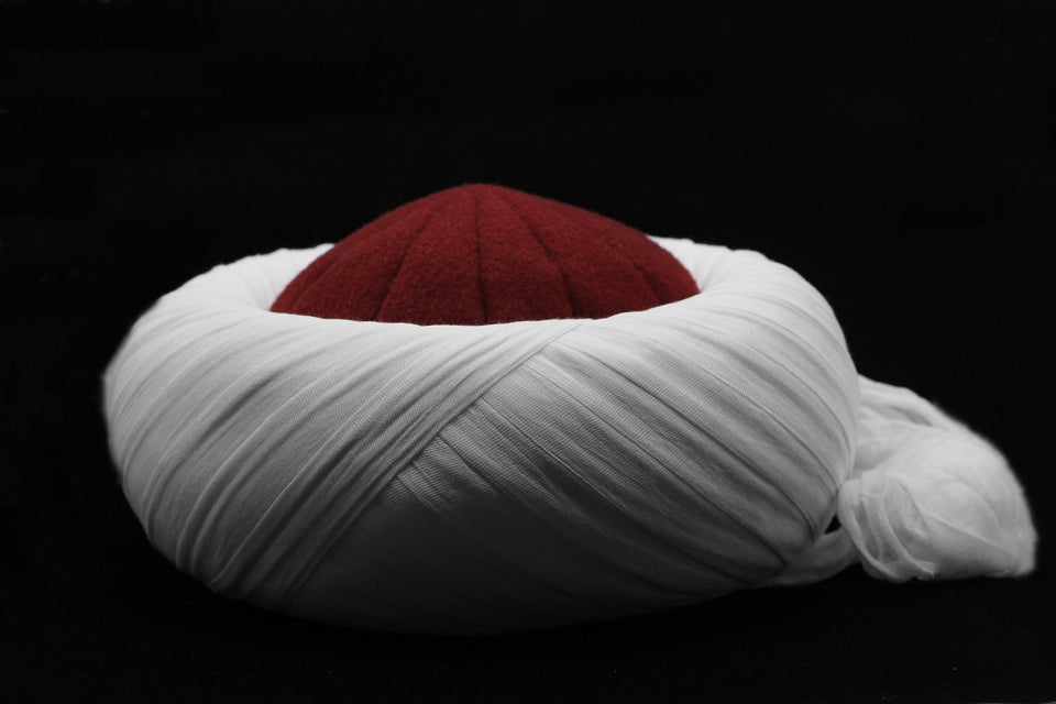 Mujahideen White and Bordeaux imamah, Grand Vizier Islamic Hat, Authentic Muslim Cap Sunnah Turban, Prayer Hat for Men