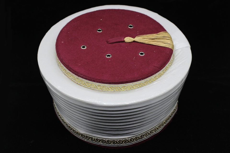 Claret Red & White Classic Taqiyyah Islamic Prayer Hat with tassel - Ensar Red Kufi imamah mens cap, Sarik, mosque turban, imamah accessoy