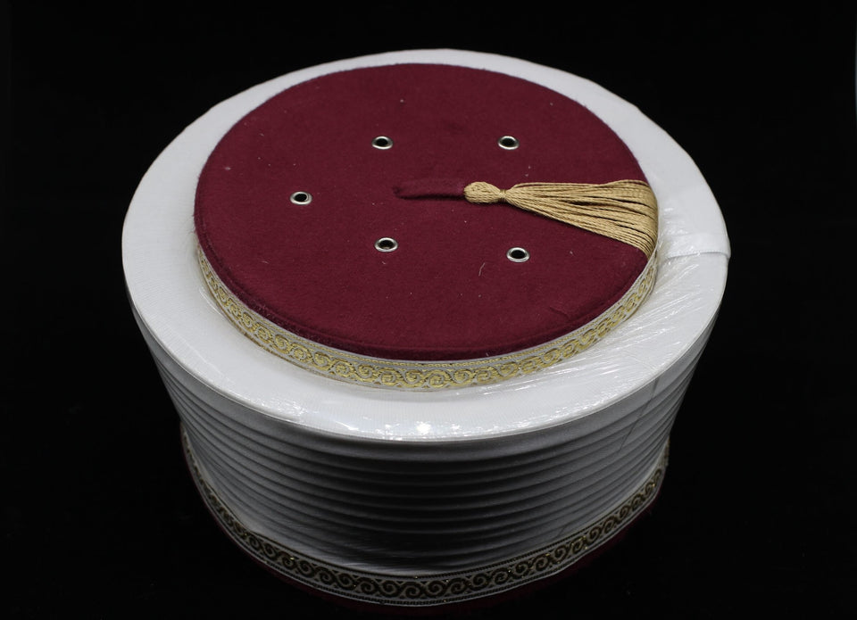 Claret Red & White Classic Taqiyyah Islamic Prayer Hat with tassel - Ensar Red Kufi imamah mens cap, Sarik, mosque turban, imamah accessoy