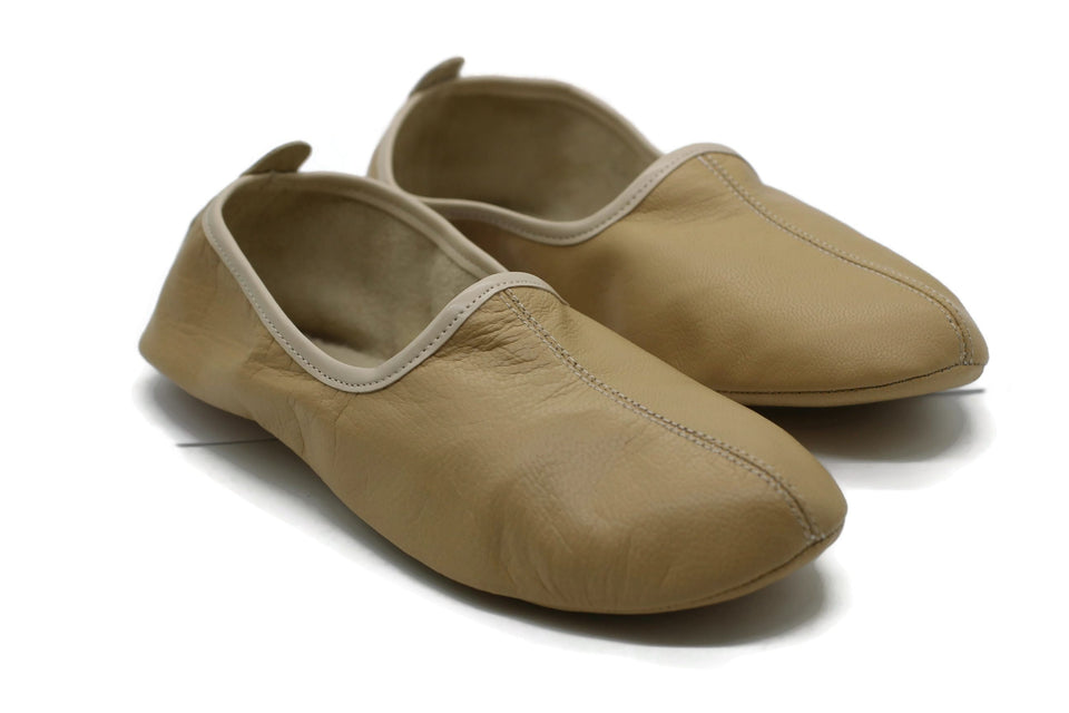Genuine Leather Women Babouche Slippers, Cream Barefoot Moccasins, Tai Chi Shoes, Venetian Slippers, Yemeni Shoes, Flat Grounding Shoes