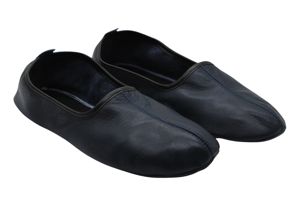 Genuine Leather Dark Blue Slippers Men Size | Unisex House Slippers | Handmade Leather Socks | Leather Home Shoes