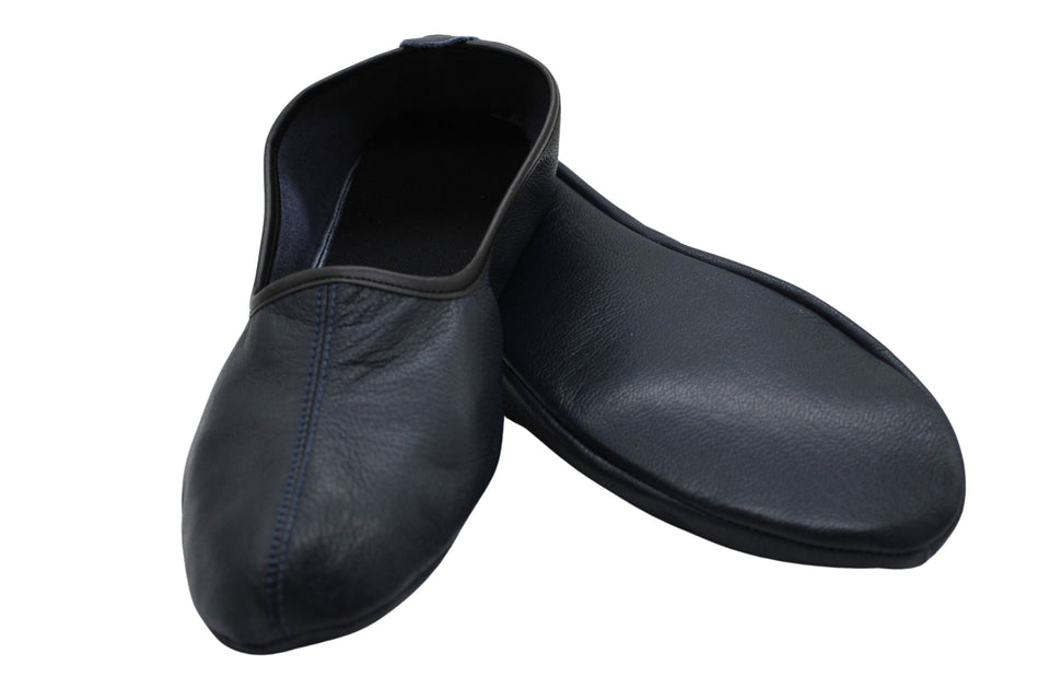 Genuine Leather Dark Blue Slippers Men Size | Unisex House Slippers | Handmade Leather Socks | Leather Home Shoes