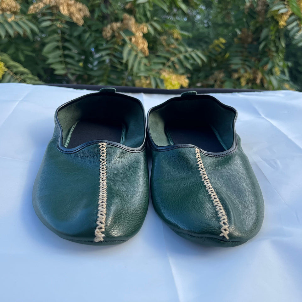 Genuine Leather Dark Green Men Babouche Slippers, Barefoot Moccasins, Tai Chi Shoes, Venetian Slippers, Yemeni Shoes, Flat Grounding Shoes