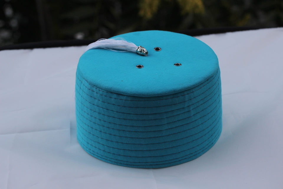 Genuine Egyptian Turkish Blue Fez Tarboush Hat White Tassel, Doctor Who Fez Hat with 3 holes, Moorish Hat