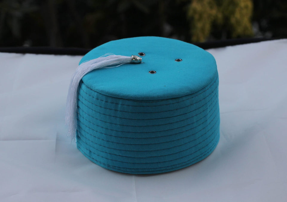 Genuine Egyptian Turkish Blue Fez Tarboush Hat White Tassel, Doctor Who Fez Hat with 3 holes, Moorish Hat