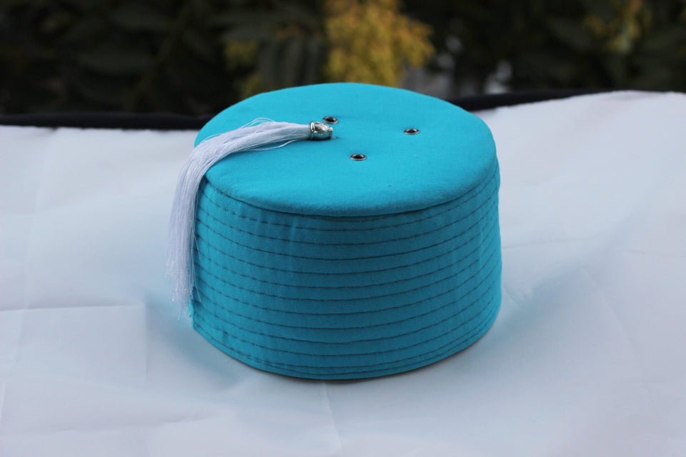 Genuine Egyptian Turkish Blue Fez Tarboush Hat White Tassel, Doctor Who Fez Hat with 3 holes, Moorish Hat