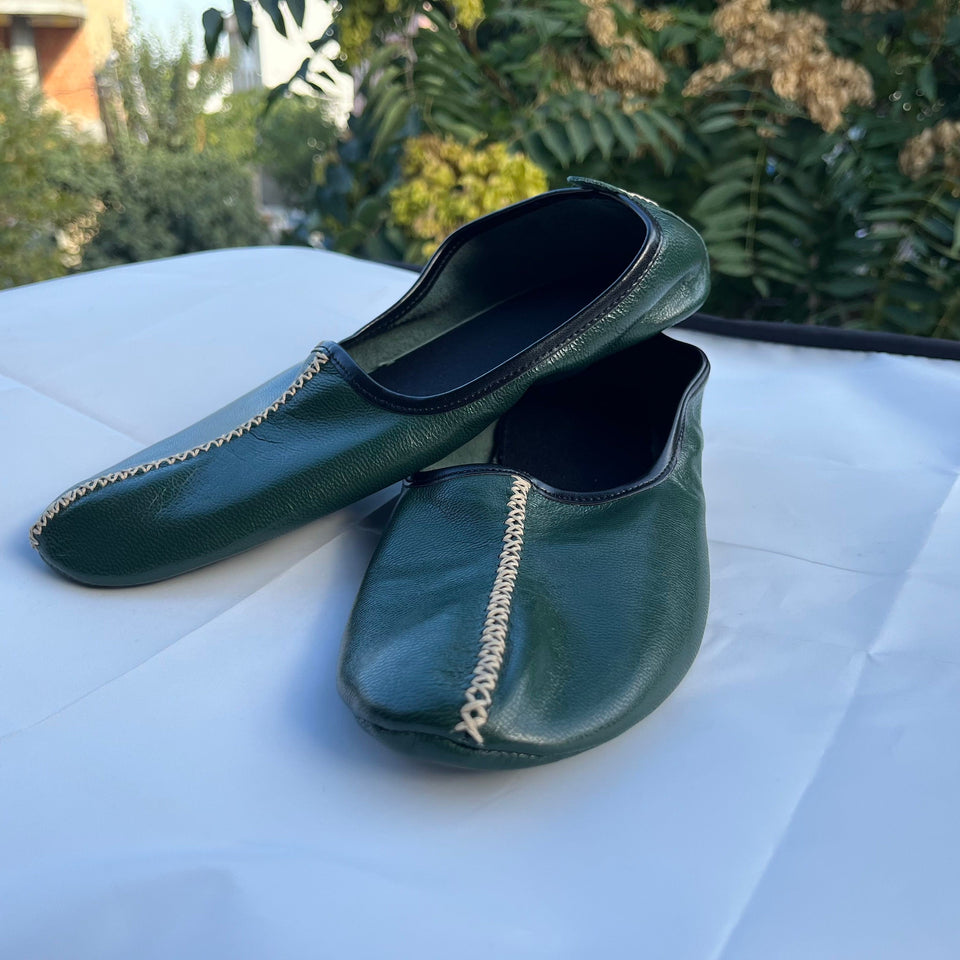 Genuine Leather Dark Green Men Babouche Slippers, Barefoot Moccasins, Tai Chi Shoes, Venetian Slippers, Yemeni Shoes, Flat Grounding Shoes