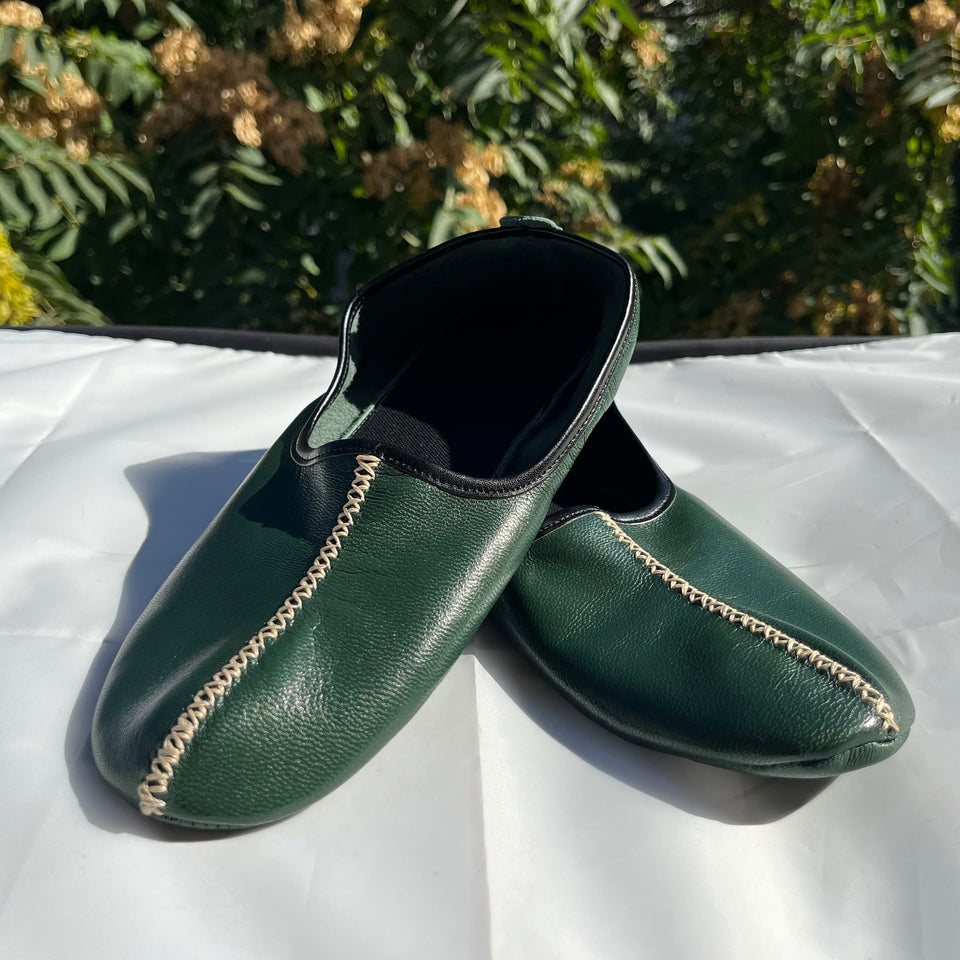 Genuine Leather Dark Green Men Babouche Slippers, Barefoot Moccasins, Tai Chi Shoes, Venetian Slippers, Yemeni Shoes, Flat Grounding Shoes