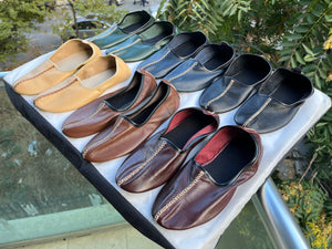 Genuine Leather Dark Green Men Babouche Slippers, Barefoot Moccasins, Tai Chi Shoes, Venetian Slippers, Yemeni Shoes, Flat Grounding Shoes