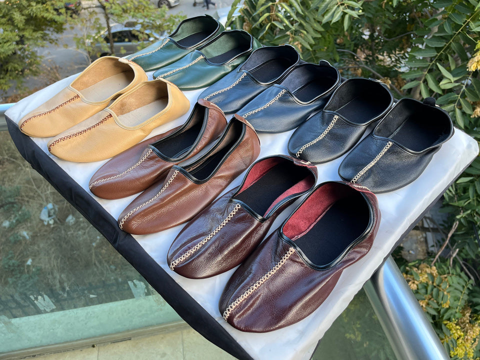 Genuine Leather Dark Green Men Babouche Slippers, Barefoot Moccasins, Tai Chi Shoes, Venetian Slippers, Yemeni Shoes, Flat Grounding Shoes