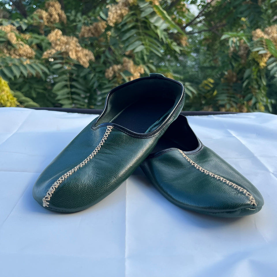 Genuine Leather Dark Green Men Babouche Slippers, Barefoot Moccasins, Tai Chi Shoes, Venetian Slippers, Yemeni Shoes, Flat Grounding Shoes