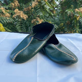 Genuine Leather Dark Green Men Babouche Slippers, Barefoot Moccasins, Tai Chi Shoes, Venetian Slippers, Yemeni Shoes, Flat Grounding Shoes