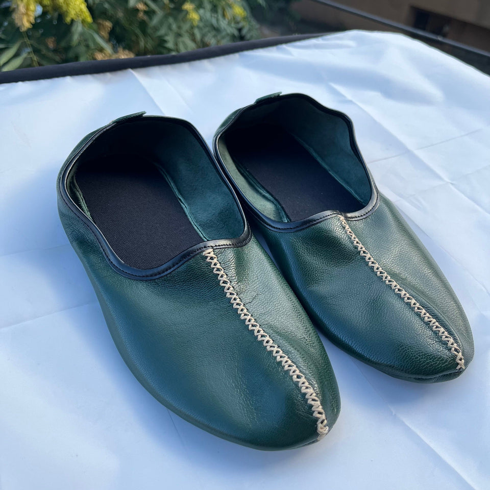 Genuine Leather Dark Green Men Babouche Slippers, Barefoot Moccasins, Tai Chi Shoes, Venetian Slippers, Yemeni Shoes, Flat Grounding Shoes