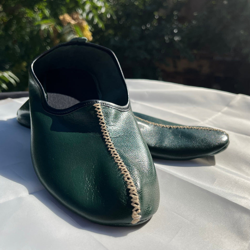 Genuine Leather Dark Green Men Babouche Slippers, Barefoot Moccasins, Tai Chi Shoes, Venetian Slippers, Yemeni Shoes, Flat Grounding Shoes