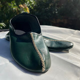 Genuine Leather Dark Green Men Babouche Slippers, Barefoot Moccasins, Tai Chi Shoes, Venetian Slippers, Yemeni Shoes, Flat Grounding Shoes