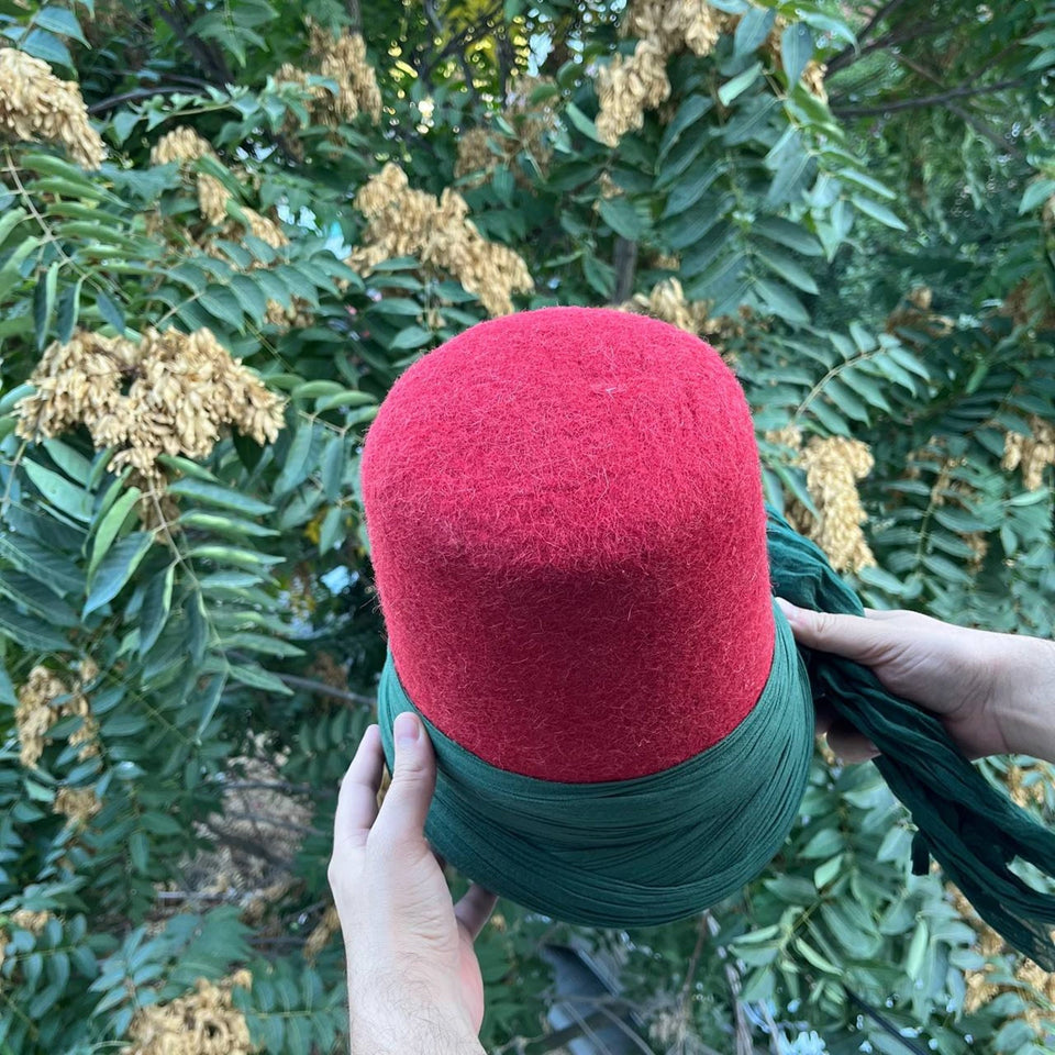 Genuine Wool Felt Mawlawi Hat with Dark Green Turban, Mawlawiyah Sufi Kufi Hat, Traditional Destar Sikke Islamic Cap, Ottoman Fez Hat
