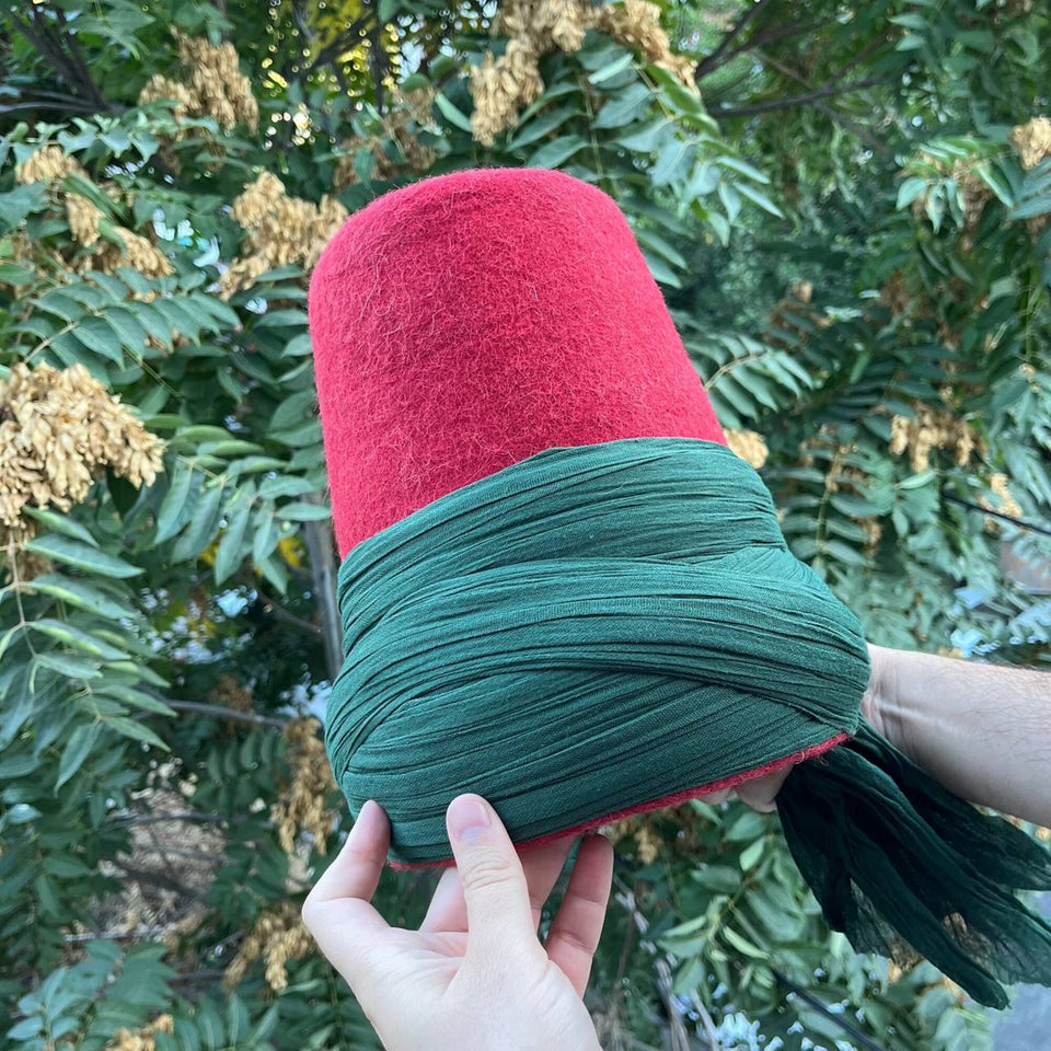 Genuine Wool Felt Mawlawi Hat with Dark Green Turban, Mawlawiyah Sufi Kufi Hat, Traditional Destar Sikke Islamic Cap, Ottoman Fez Hat