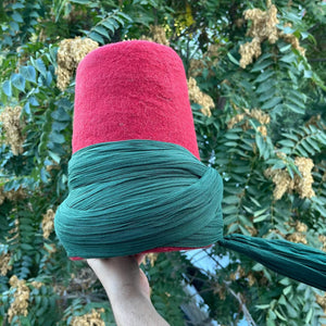 Genuine Wool Felt Mawlawi Hat with Dark Green Turban, Mawlawiyah Sufi Kufi Hat, Traditional Destar Sikke Islamic Cap, Ottoman Fez Hat