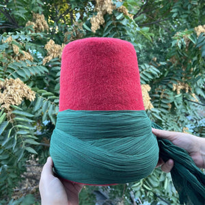 Genuine Wool Felt Mawlawi Hat with Dark Green Turban, Mawlawiyah Sufi Kufi Hat, Traditional Destar Sikke Islamic Cap, Ottoman Fez Hat