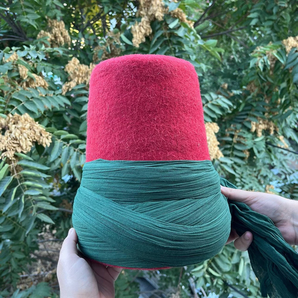 Genuine Wool Felt Mawlawi Hat with Dark Green Turban, Mawlawiyah Sufi Kufi Hat, Traditional Destar Sikke Islamic Cap, Ottoman Fez Hat