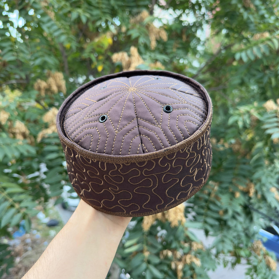 Handmade Velvet Brown Muslim Kufi Hat Taqiya Takke Peci Rigid Prayer Cap, Turkish Muslim Winter Season Cap