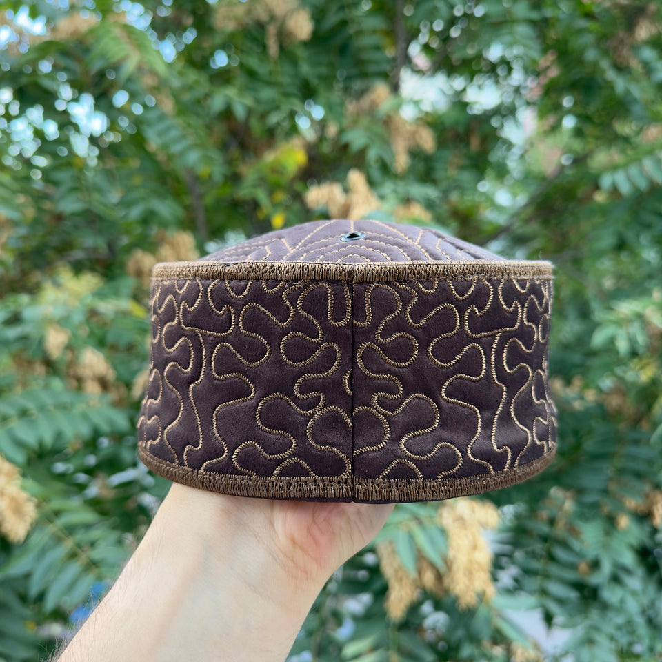 Handmade Velvet Brown Muslim Kufi Hat Taqiya Takke Peci Rigid Prayer Cap, Turkish Muslim Winter Season Cap