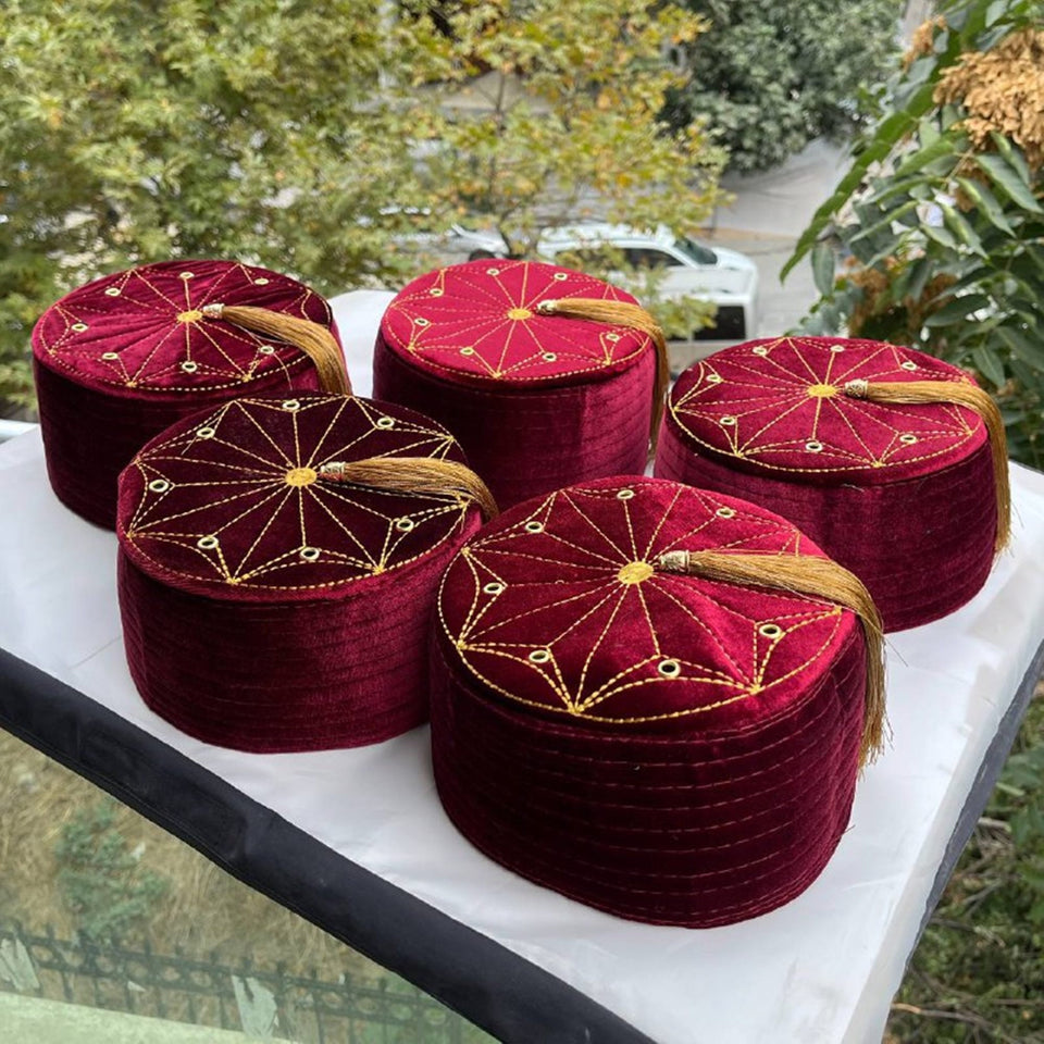 5 Pcs Set of Genuine Red Egyptian Turkish Red Fez Tarboush Hat Gold Tassel, Doctor Who Fez Hat with 8 holes, Moorish Hat