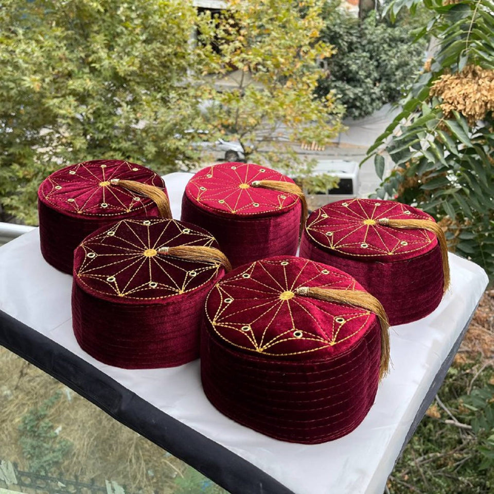 5 Pcs Set of Genuine Red Egyptian Turkish Red Fez Tarboush Hat Gold Tassel, Doctor Who Fez Hat with 8 holes, Moorish Hat
