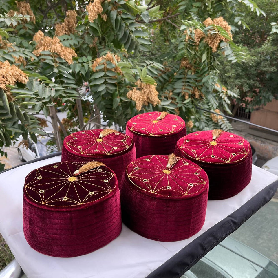 5 Pcs Set of Genuine Red Egyptian Turkish Red Fez Tarboush Hat Gold Tassel, Doctor Who Fez Hat with 8 holes, Moorish Hat