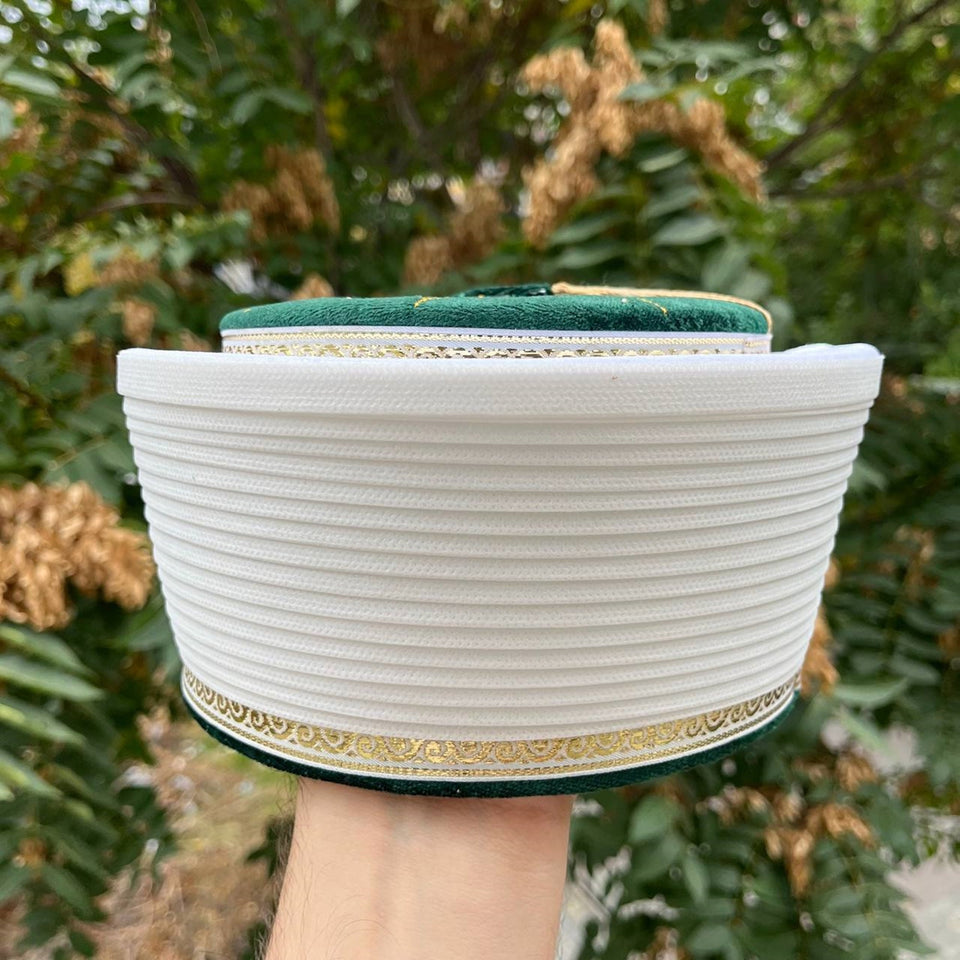 Green and White Classic Imams Hat, Taqiyyah Islamic Prayer Hat with tassel, Green Kufi imamah mens cap, Sarik, mosque turban, imamah