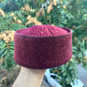 Handmade Burgundy Color Muslim Kufi Hat Taqiya Takke Peci Rigid Prayer Cap, Turkish Muslim Islamic Hat Skull Cap
