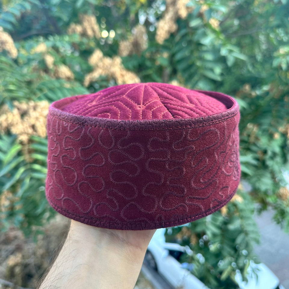Handmade Burgundy Color Muslim Kufi Hat Taqiya Takke Peci Rigid Prayer Cap, Turkish Muslim Islamic Hat Skull Cap