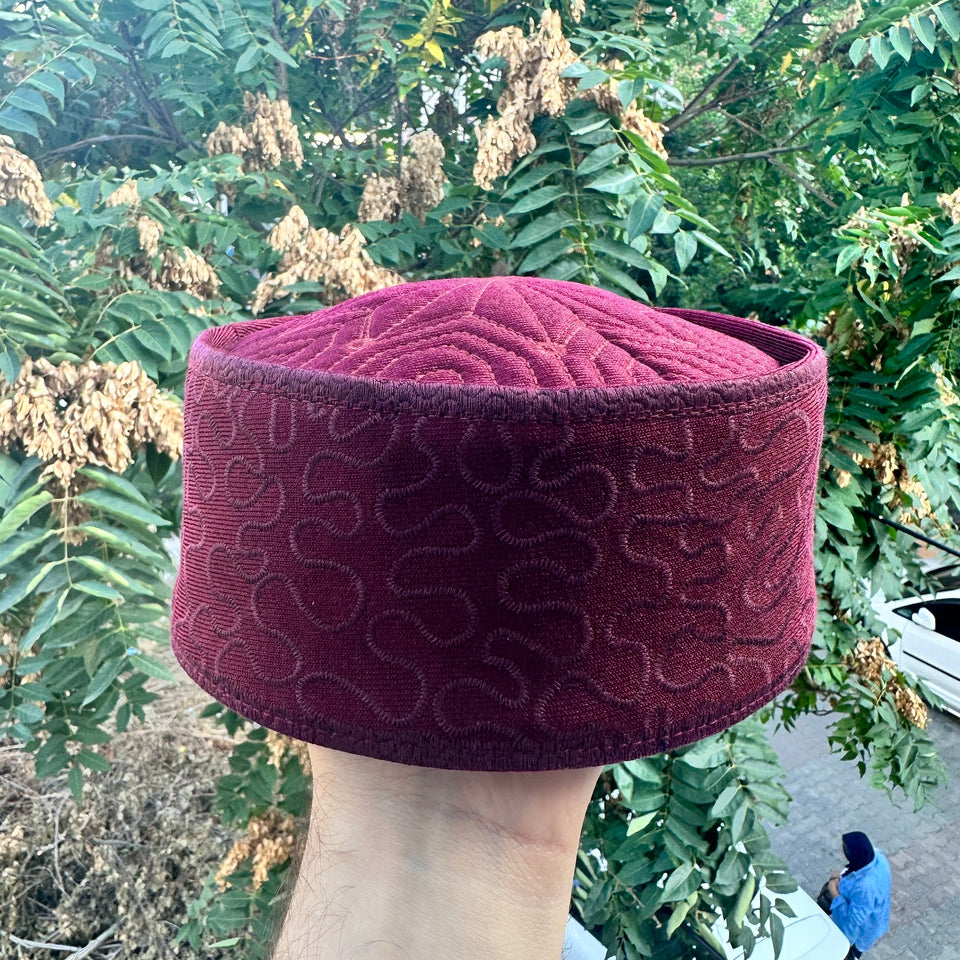 Handmade Burgundy Color Muslim Kufi Hat Taqiya Takke Peci Rigid Prayer Cap, Turkish Muslim Islamic Hat Skull Cap