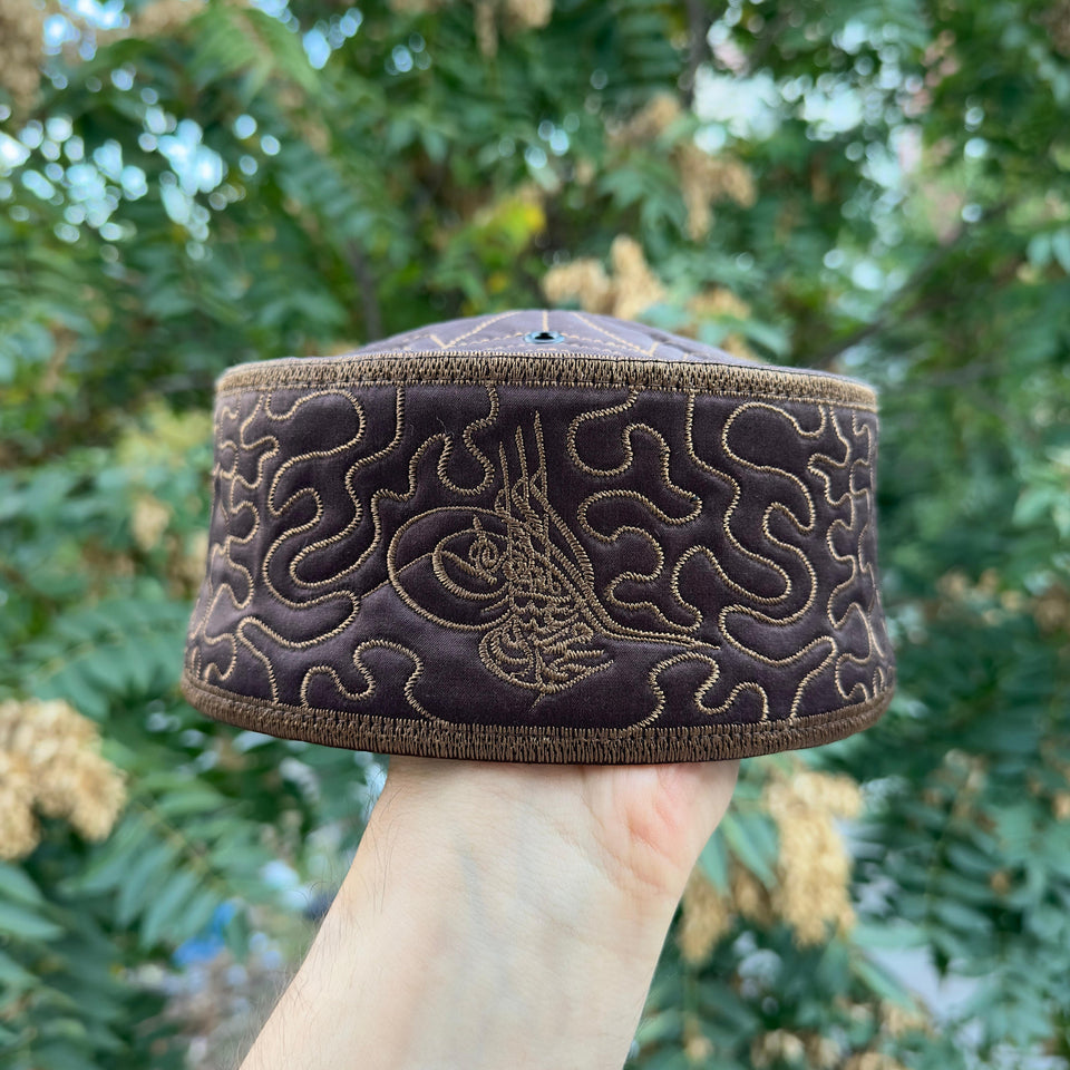 Handmade Velvet Brown Muslim Kufi Hat Taqiya Takke Peci Rigid Prayer Cap, Turkish Muslim Winter Season Cap
