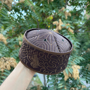 Handmade Velvet Brown Muslim Kufi Hat Taqiya Takke Peci Rigid Prayer Cap, Turkish Muslim Winter Season Cap