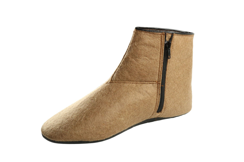 Felt and Leather Home Slippers, Camel Colored Womens Ankle Boot, Felt Slippers, House Shoes with Leather Sole, Barefoot Shoes for Home