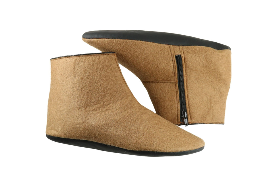 Felt and Leather Home Slippers, Camel Colored Womens Ankle Boot, Felt Slippers, House Shoes with Leather Sole, Barefoot Shoes for Home