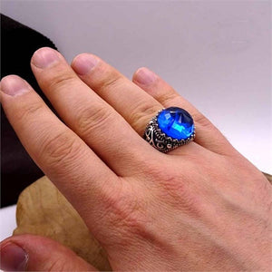 Фасцинантен исечен прстен од сафир - Сребрен сјајен сјаен полу-скапоцен камен прстен - Менс овален прстен - прстен за сафир