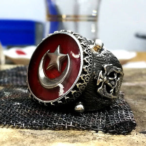 خاتم معطف النبالة التركي - خاتم رمزي فضي لامع - خاتم ختم رجالي - خاتم رمز السلاجقة - خاتم مالكولم اكس